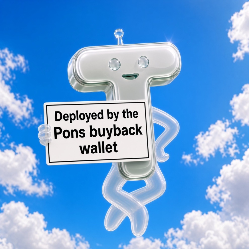 Chrome T mascot holding a sign reading Deployed by the Pons buyback wallet